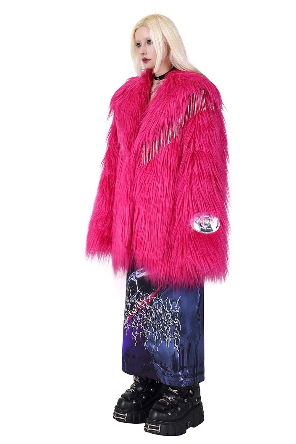 Pink Rhinestone Fringe Fur Jacket