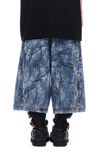 Rivet Structure Lace Denim Wide Leg Shorts