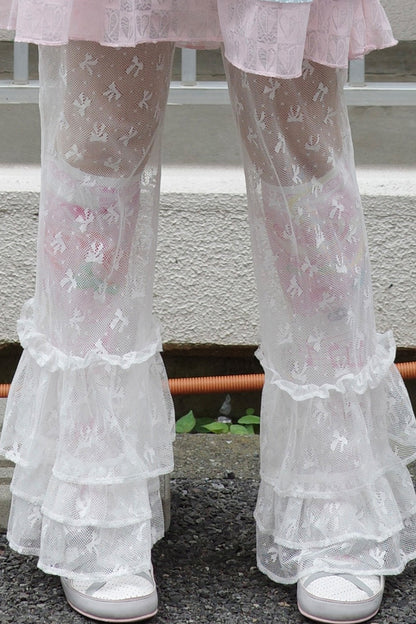 Bow Print Lace Flared Trousers
