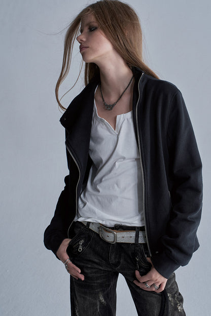 Diagonal Zipper Rivet Cardigan Jacket