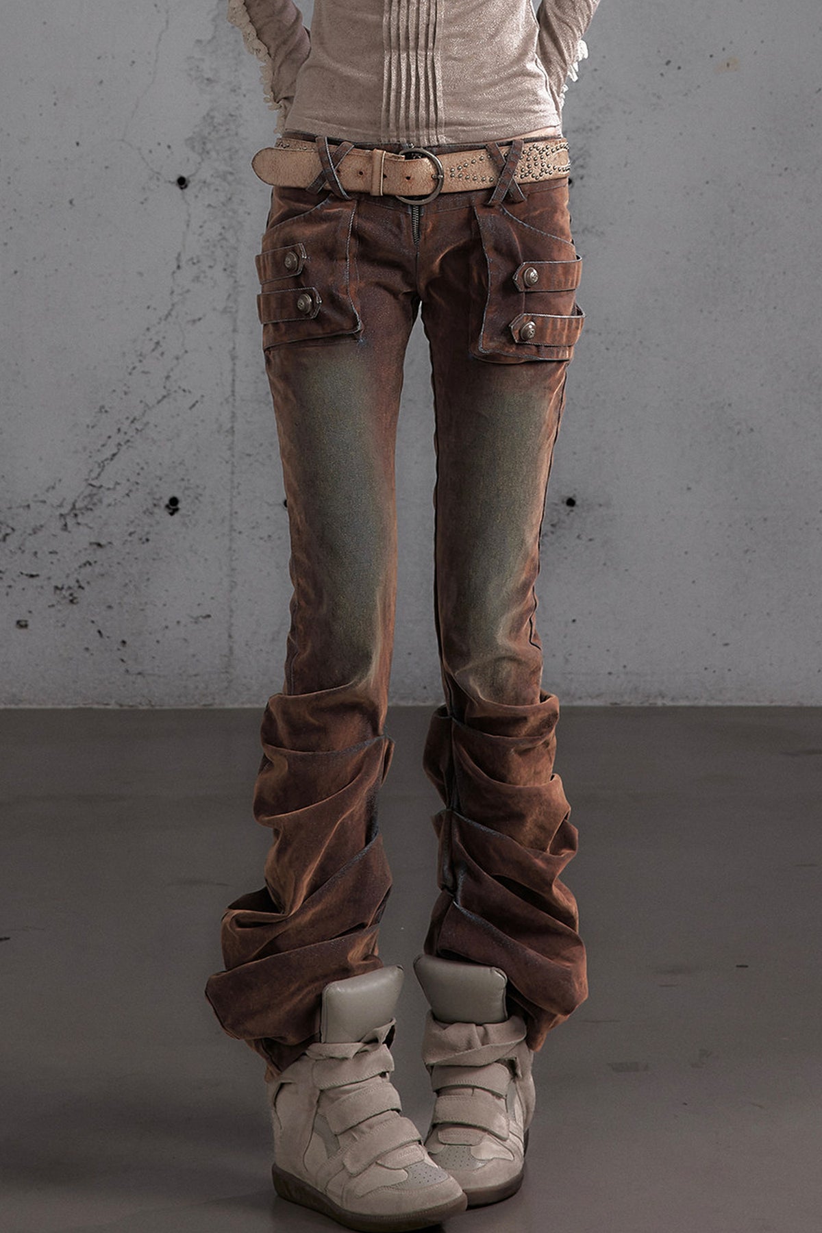 Punk Flocked Ruched Low-Waist Curved Leg Jeans