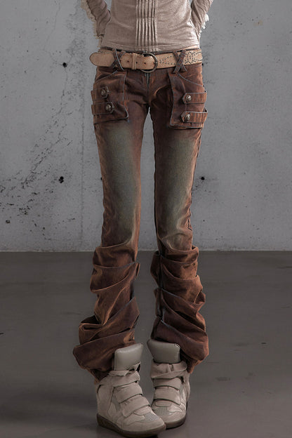 Punk Flocked Ruched Low-Waist Curved Leg Jeans