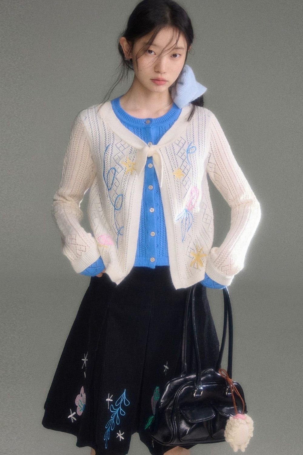 Two-Piece Wool-Blend Tulip Embroidery Knit Cardigan And Skirt Set-Up