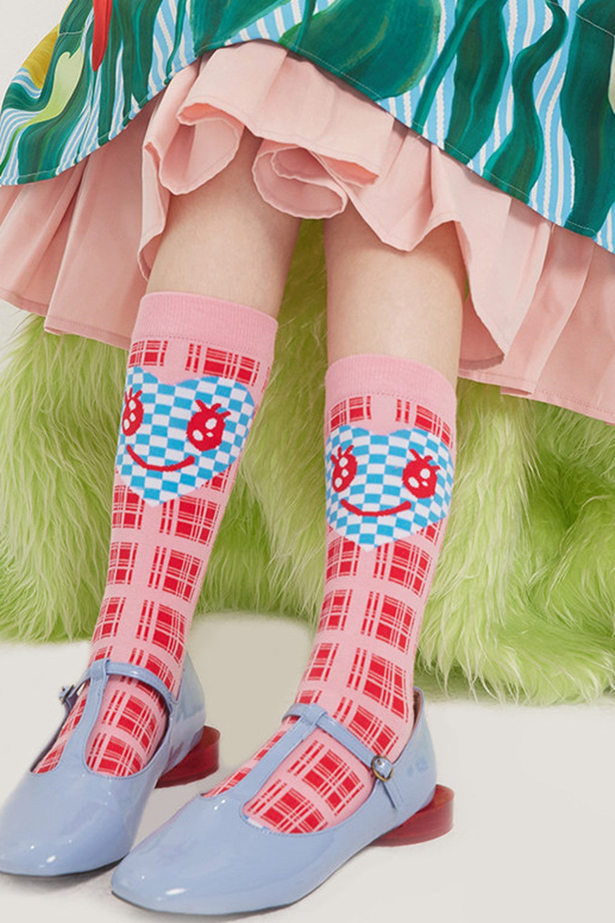 Pink Plaid Heart Smiley Socks