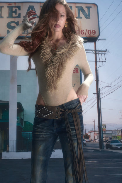 Long-Sleeve Wool V-Neck Bodysuit