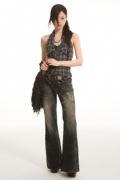 Washed Printed Rhinestone Low-Waist Flared Jeans