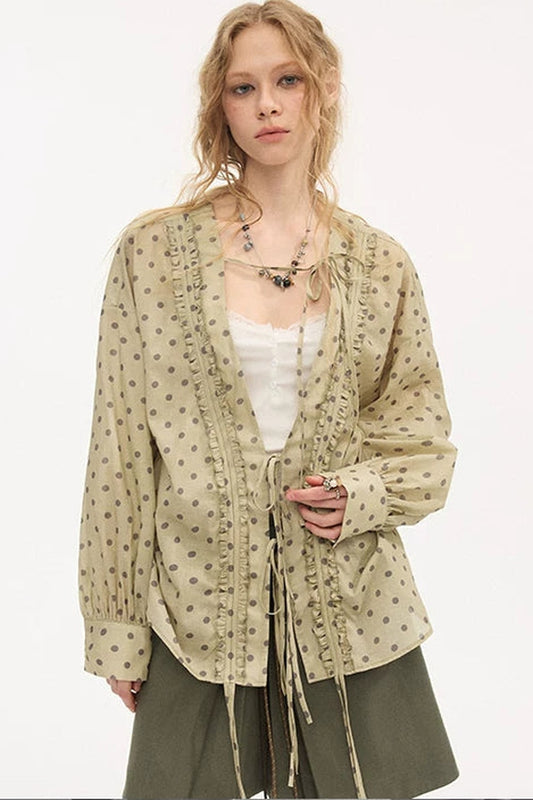 V-Neck Long Sleeve Polka Dot Blouse