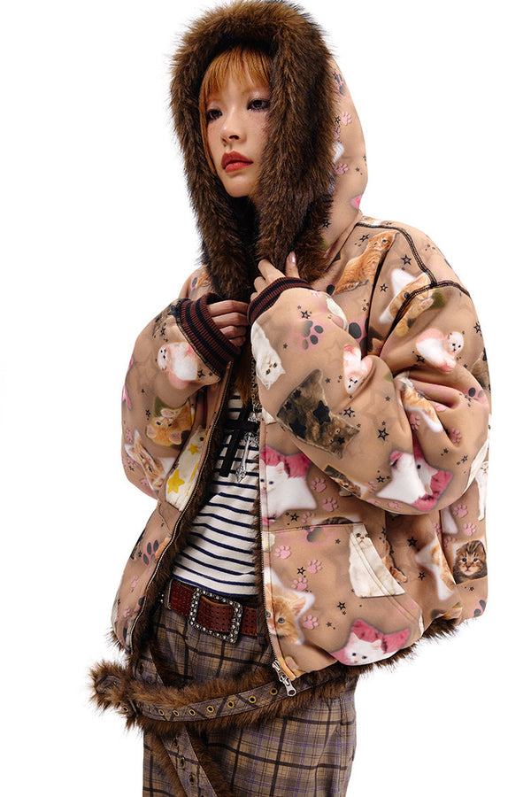 Cat Print Reversible Fur Coat