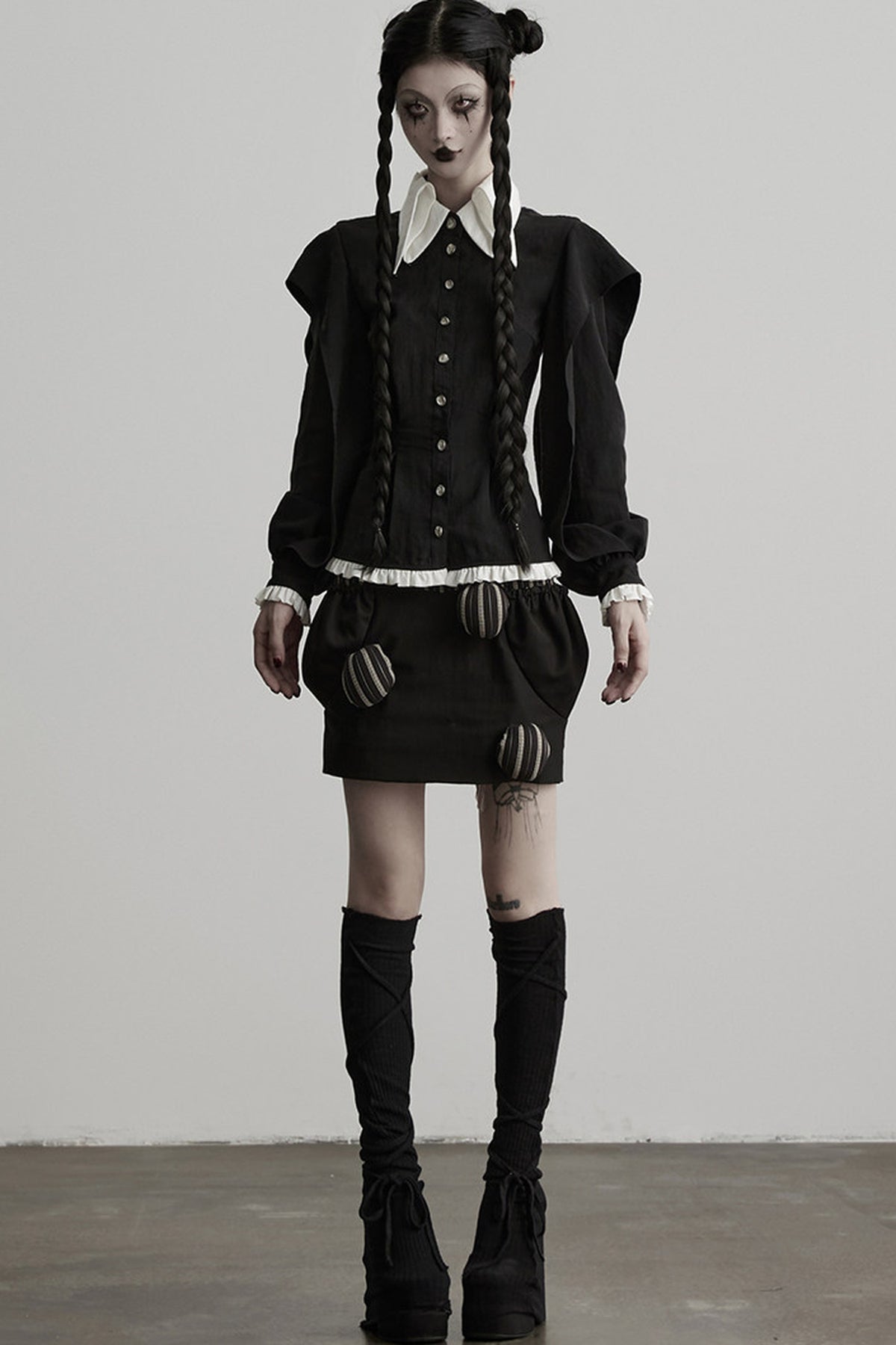 Lyocell Ruffle Patchwork Puff Sleeve Shirt