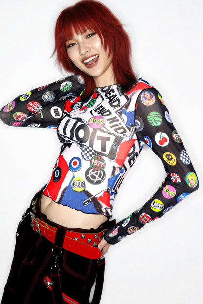 Y2K Graphic Long Sleeve Mesh Top