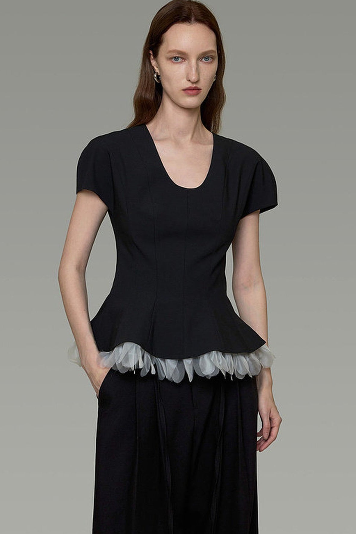 Color-Blocked U-Neck Waist-Cinching Blouse