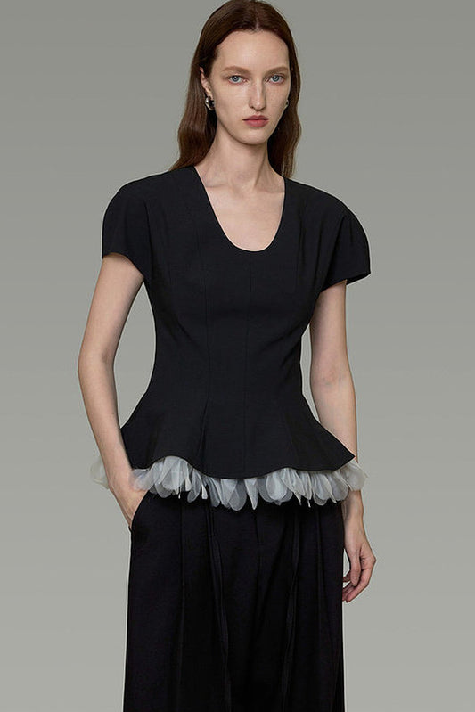 Color-Blocked U-Neck Waist-Cinching Blouse