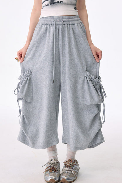 Gray Drawstring Pocket Wide-Leg Sweatpants