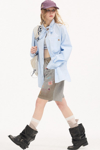 Washed Cotton Scarf-Style Blouse