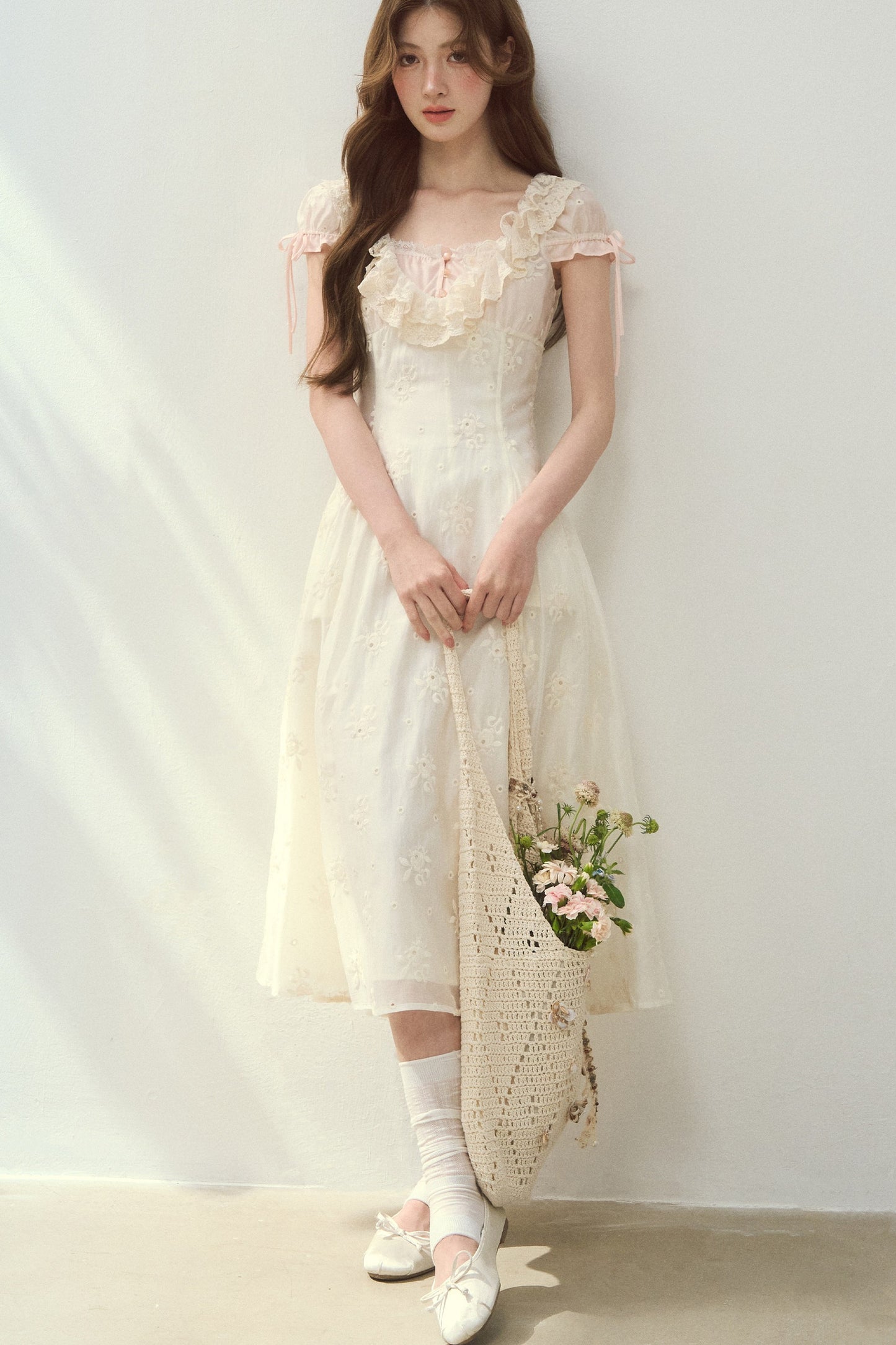 Rose Embroidered Square Neck Long Dress