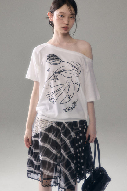 Bird And Tulip Print One-Shoulder Tencel T-Shirt