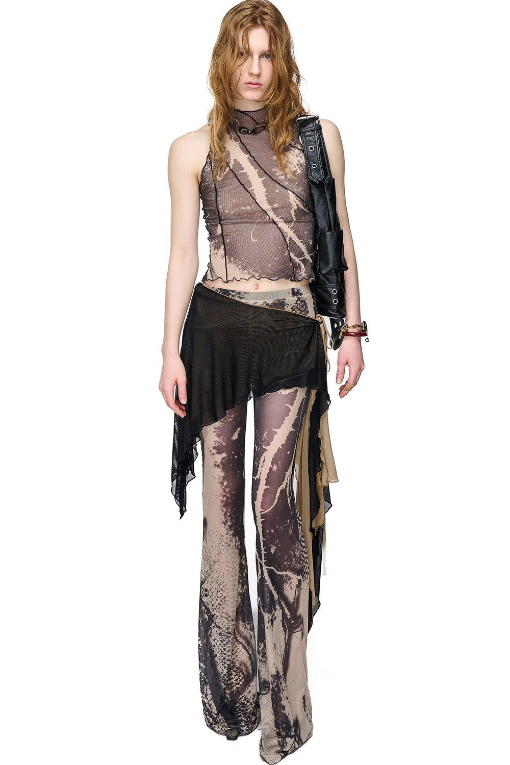 Mesh Printed Ruffled Tank Top