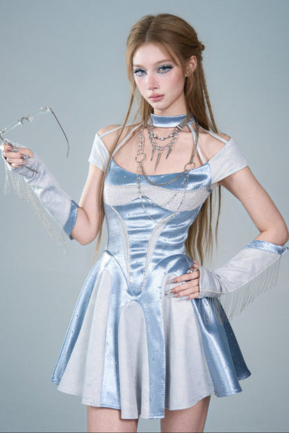 Y2K Blue Satin Halter A-Line Dress Set-Up