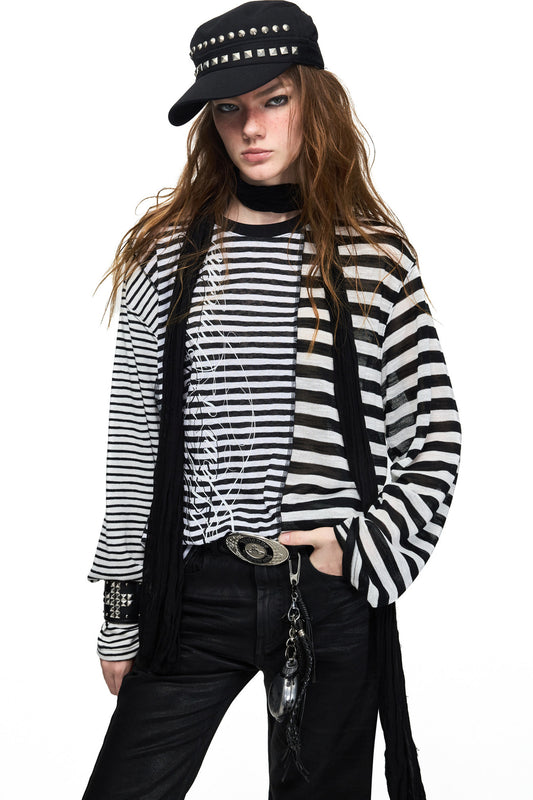 Loose Vintage Striped Long-Sleeve Tencel T-shirt