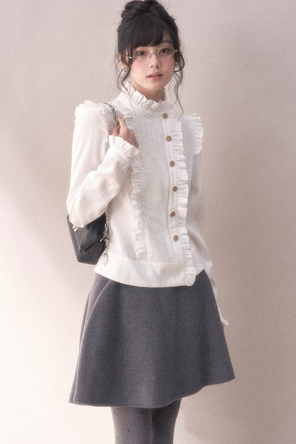Pleated Lace Ruffle Asymmetrical Long-Sleeved Shirt