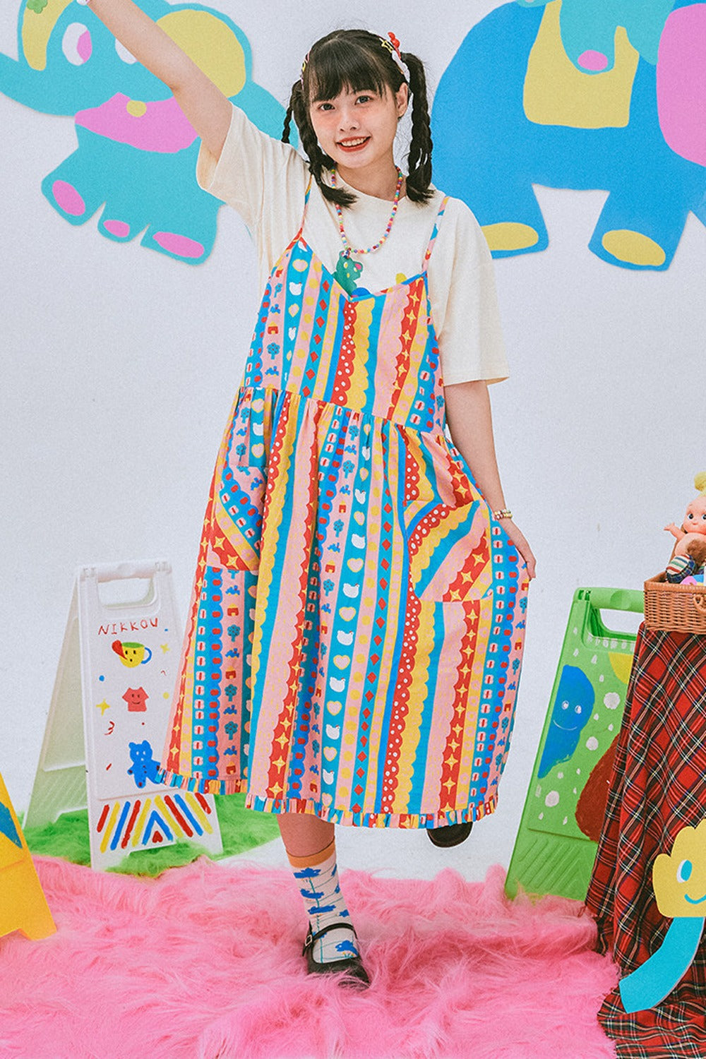 Kindergarten Paradise Print Suspender Dress