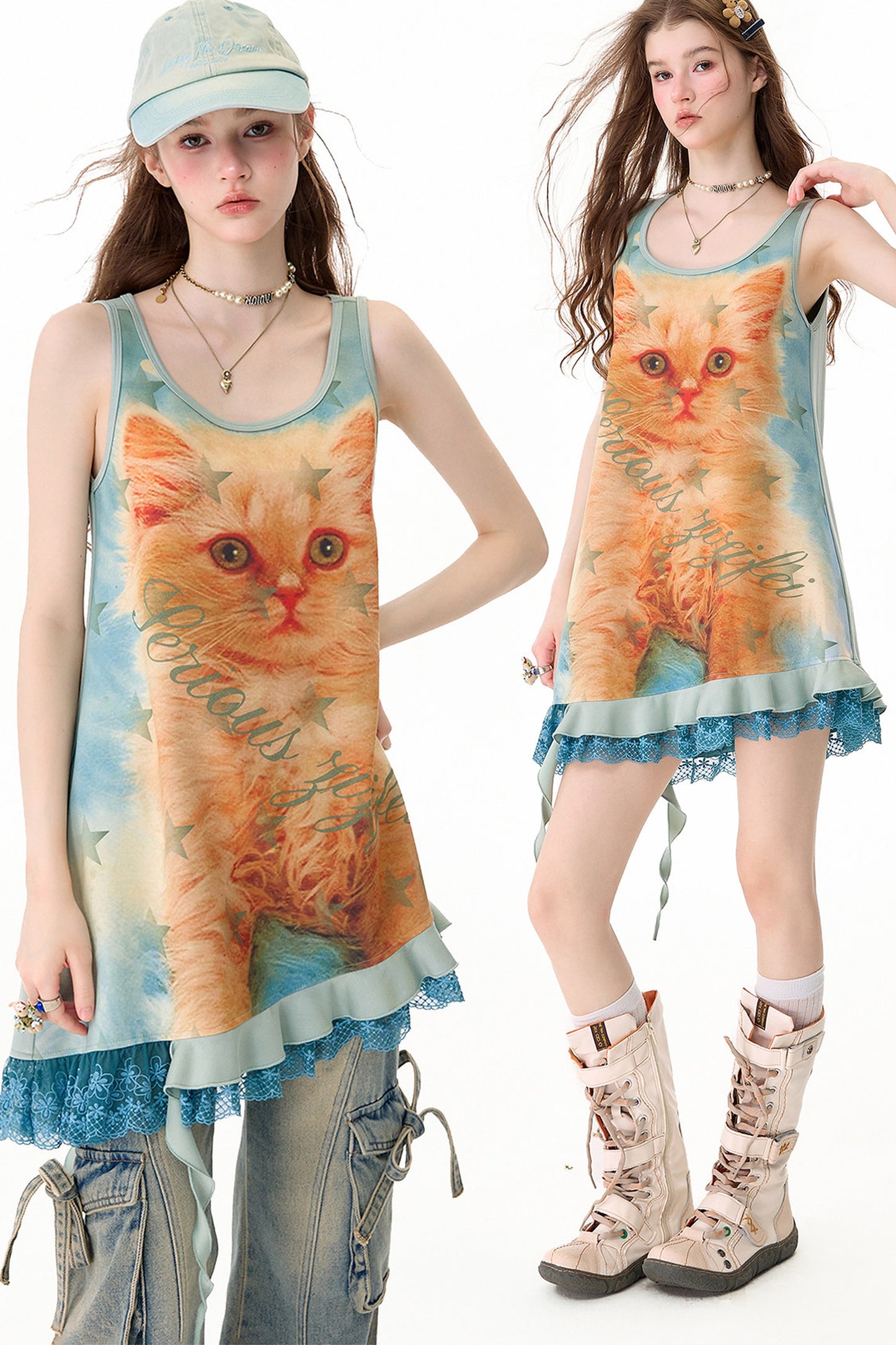 Robe chasuble à imprimé chat et bordure en dentelle