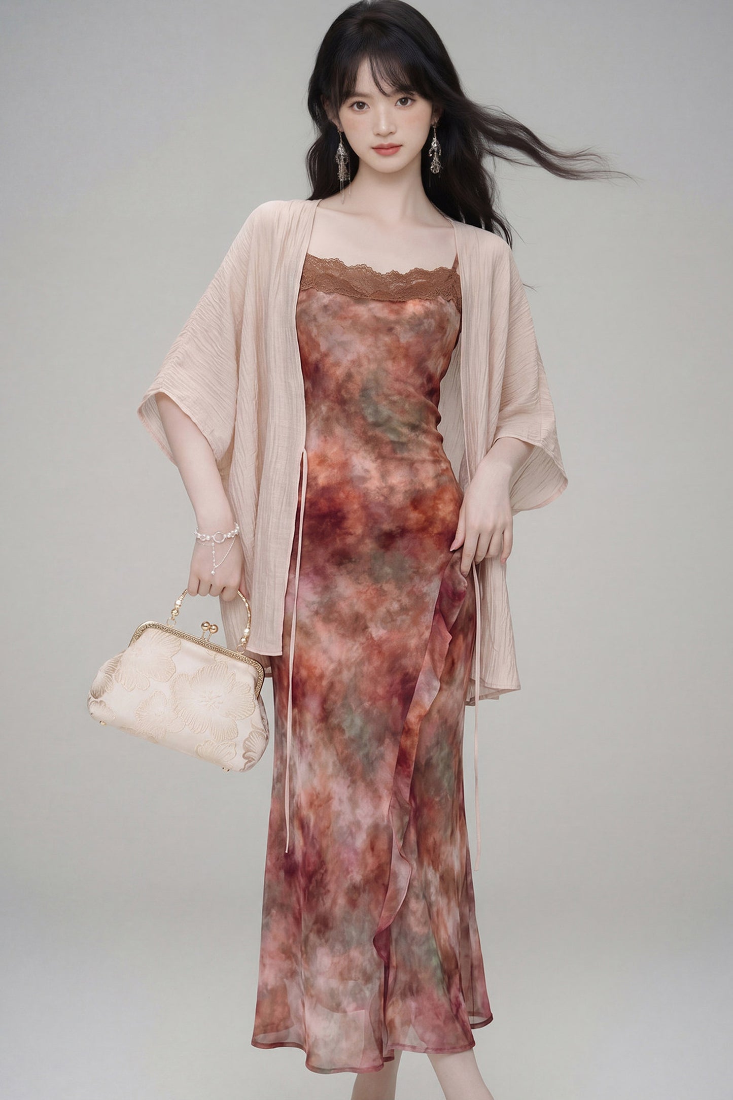 Gradient Print Suspender Dress with Cardigan Set-Up