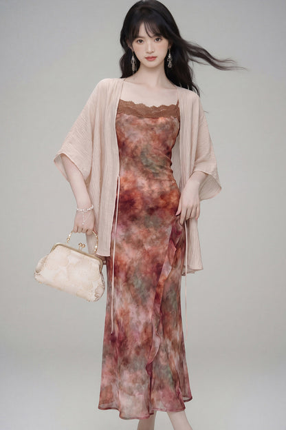 Gradient Print Suspender Dress with Cardigan Set-Up