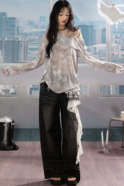 Karierte Wide-Leg-Jeans im Lagenlook