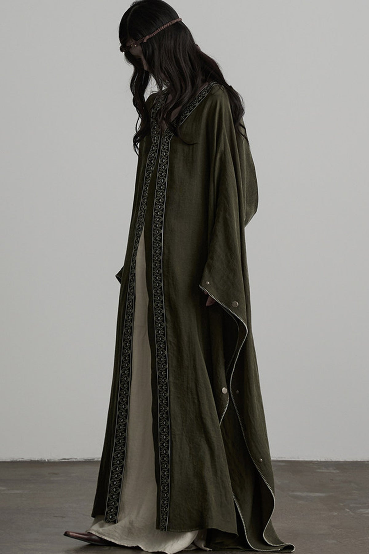 Dark Forest Green Embroidered Detachable Hood Cape