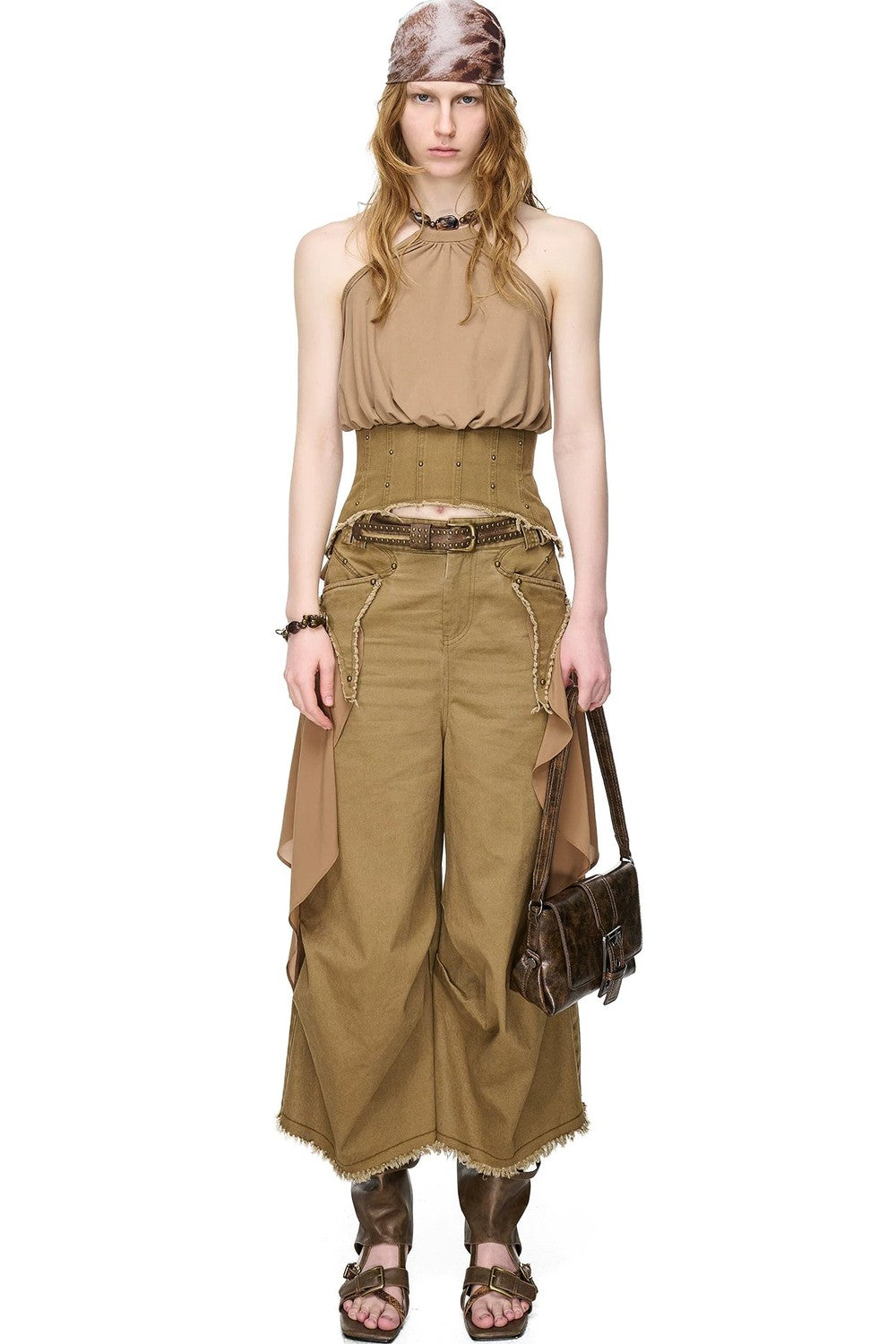 Washed Khaki Patchwork Halter Corset