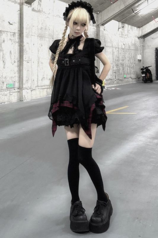 Irregular Plaid Babydoll Mesh Dress