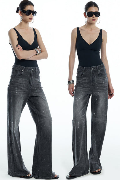 Scattered Rhinestone Wide-Leg Jeans