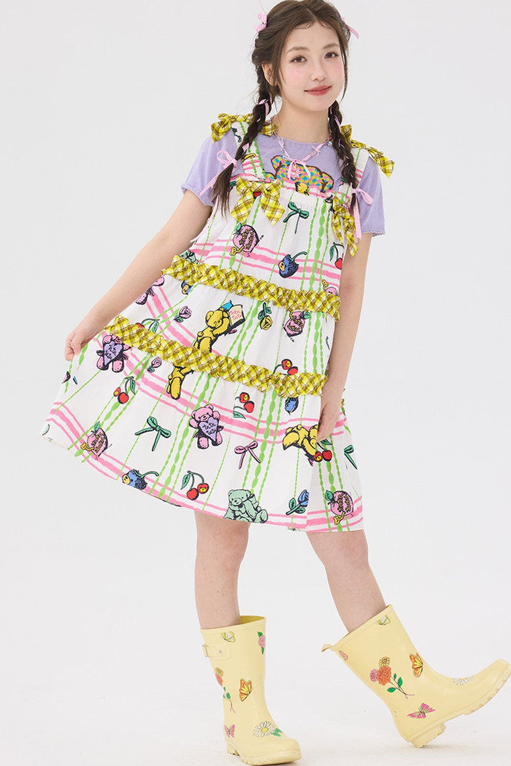 Robe salopette à carreaux avec ours