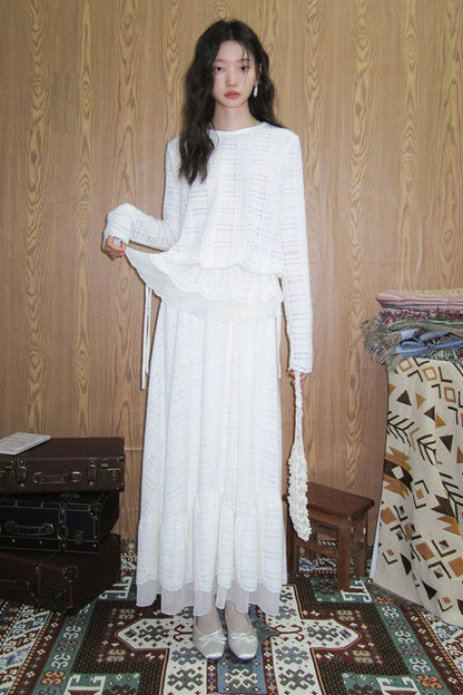 Plaid Lace Long Sleeve T-Shirt Skirt Set-Up