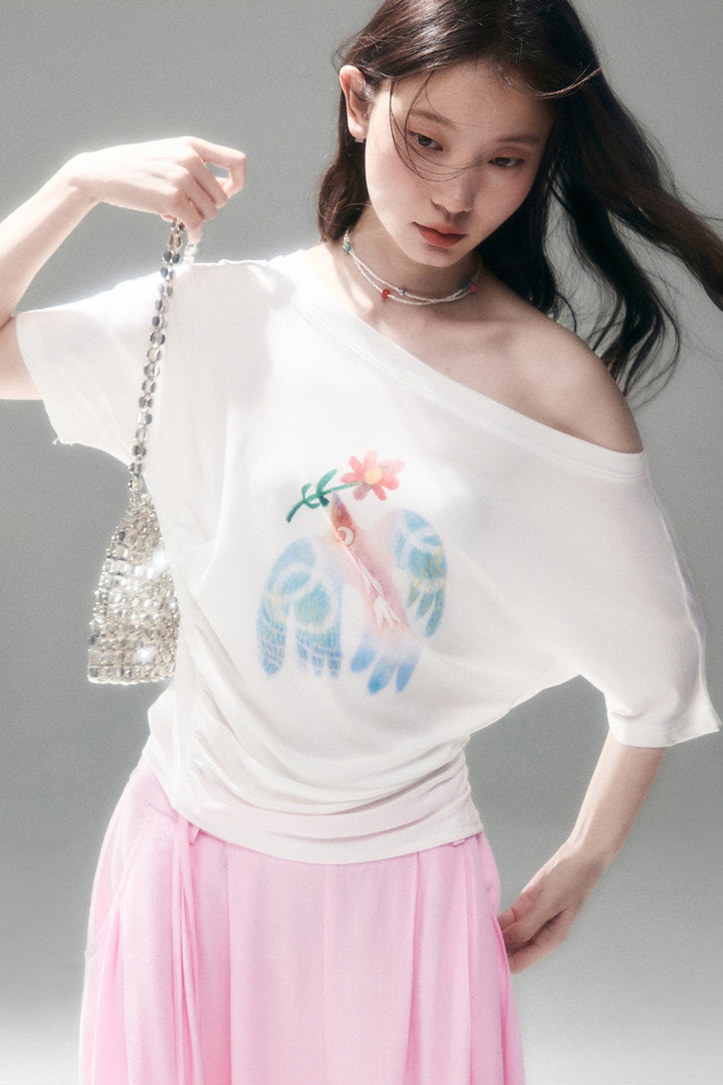 Mint Bird Print Off-Shoulder Ruched Top