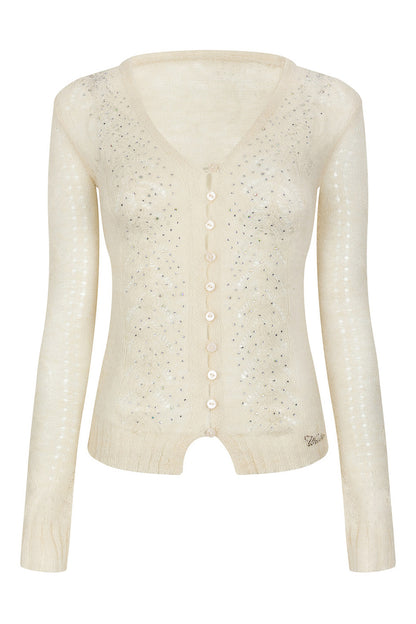 Rhinestone Hollow-Out Knit Cardigan Top