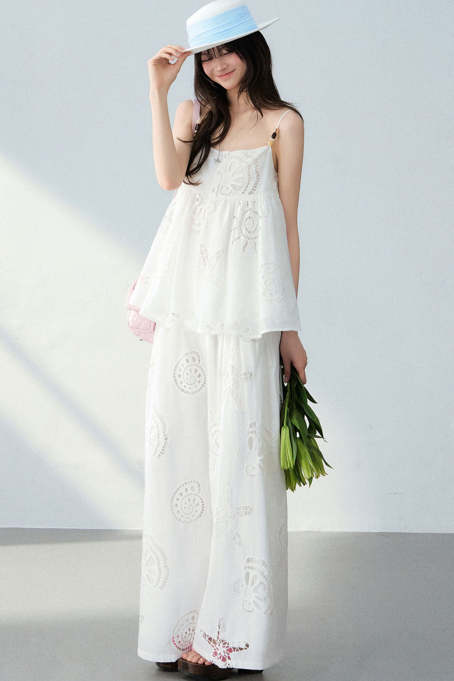 Ocean Hollow Beaded Camisole and Pants Set-Up