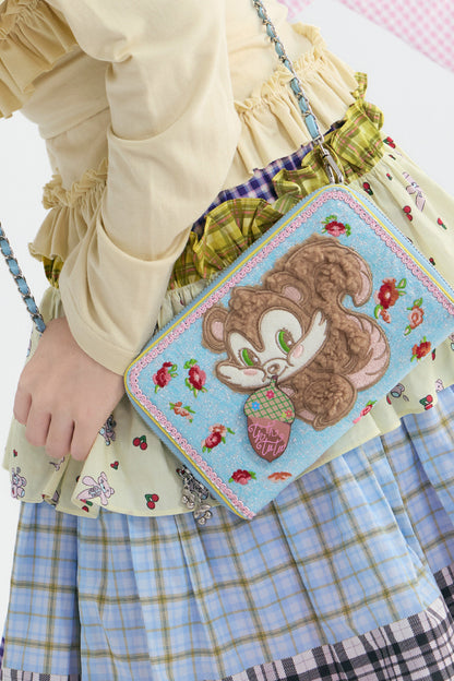 Blue Plush Squirrel Embroidered Floral Crossbody Bag