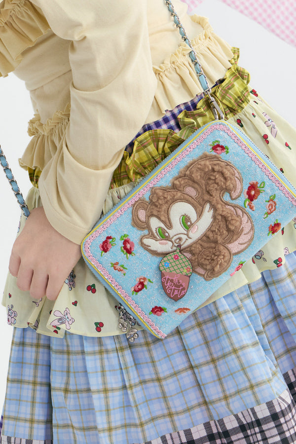 Blue Plush Squirrel Embroidered Floral Crossbody Bag