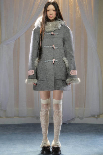 Toggle Button Fur Collar Hooded Coat