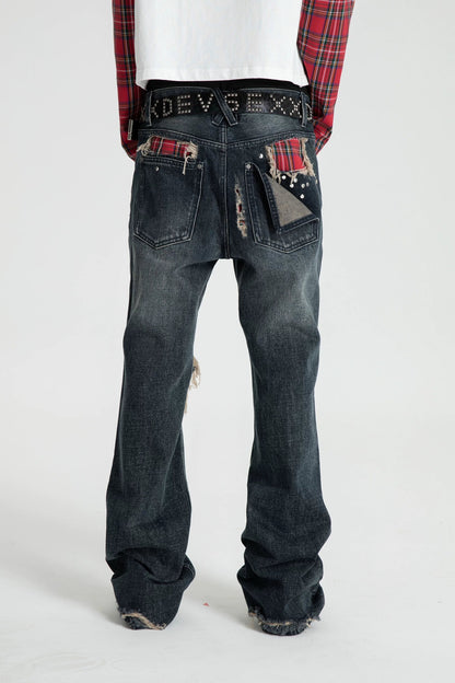 Distressed Plaid Patch Flared Jeans