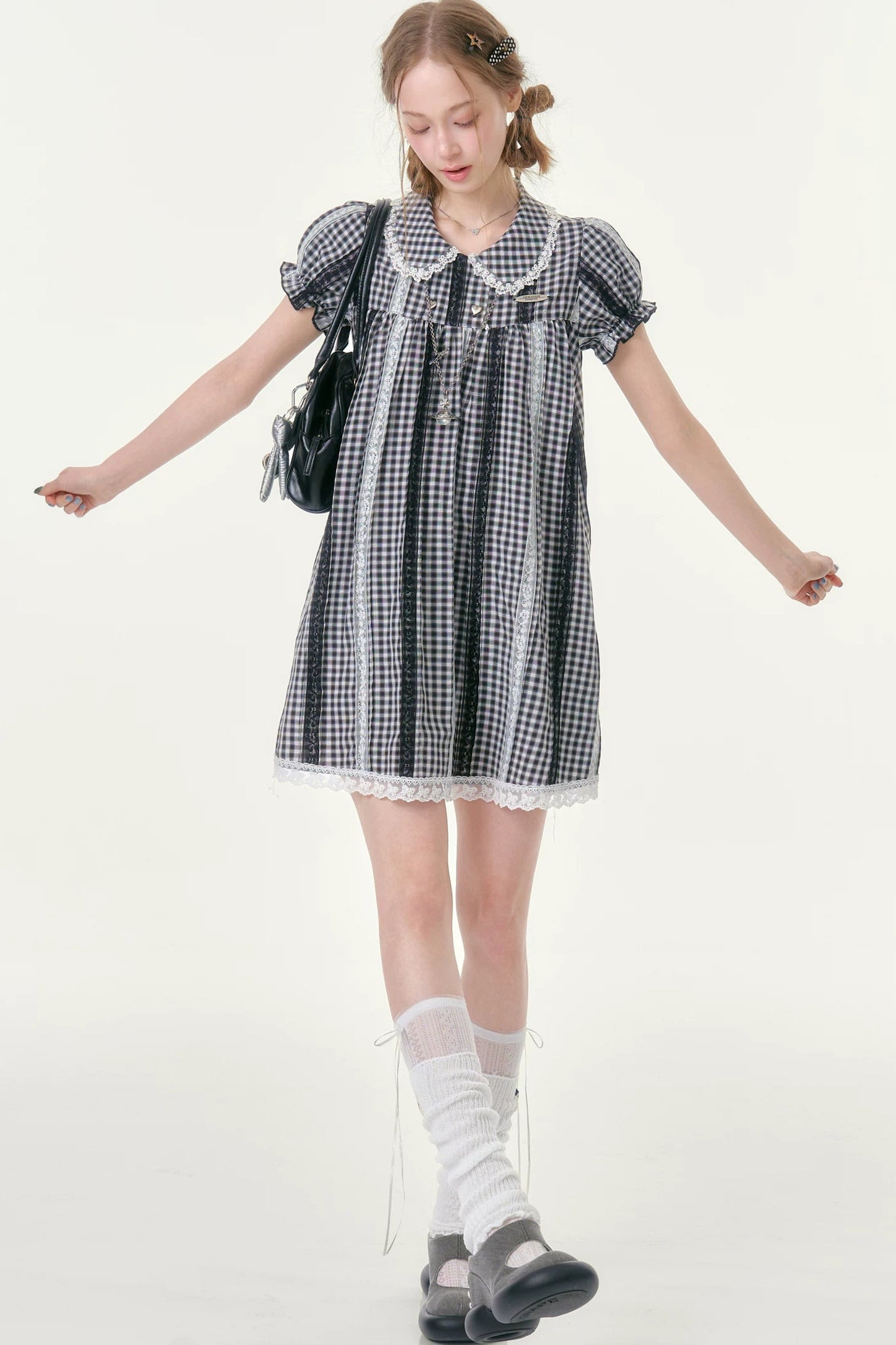 Retro Plaid Lace Puff Sleeve Dress