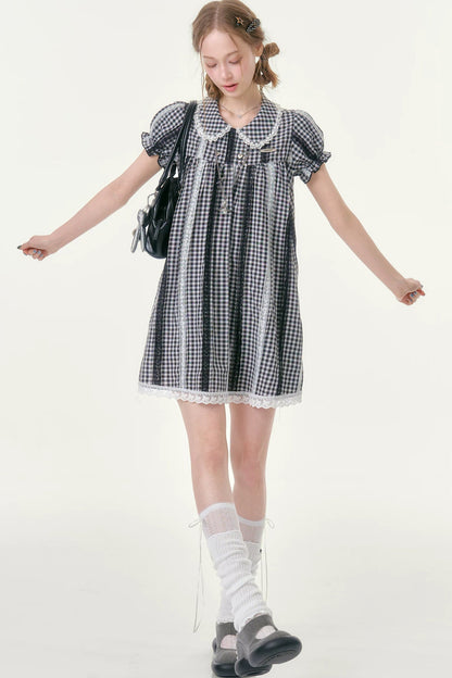 Retro Plaid Lace Puff Sleeve Dress