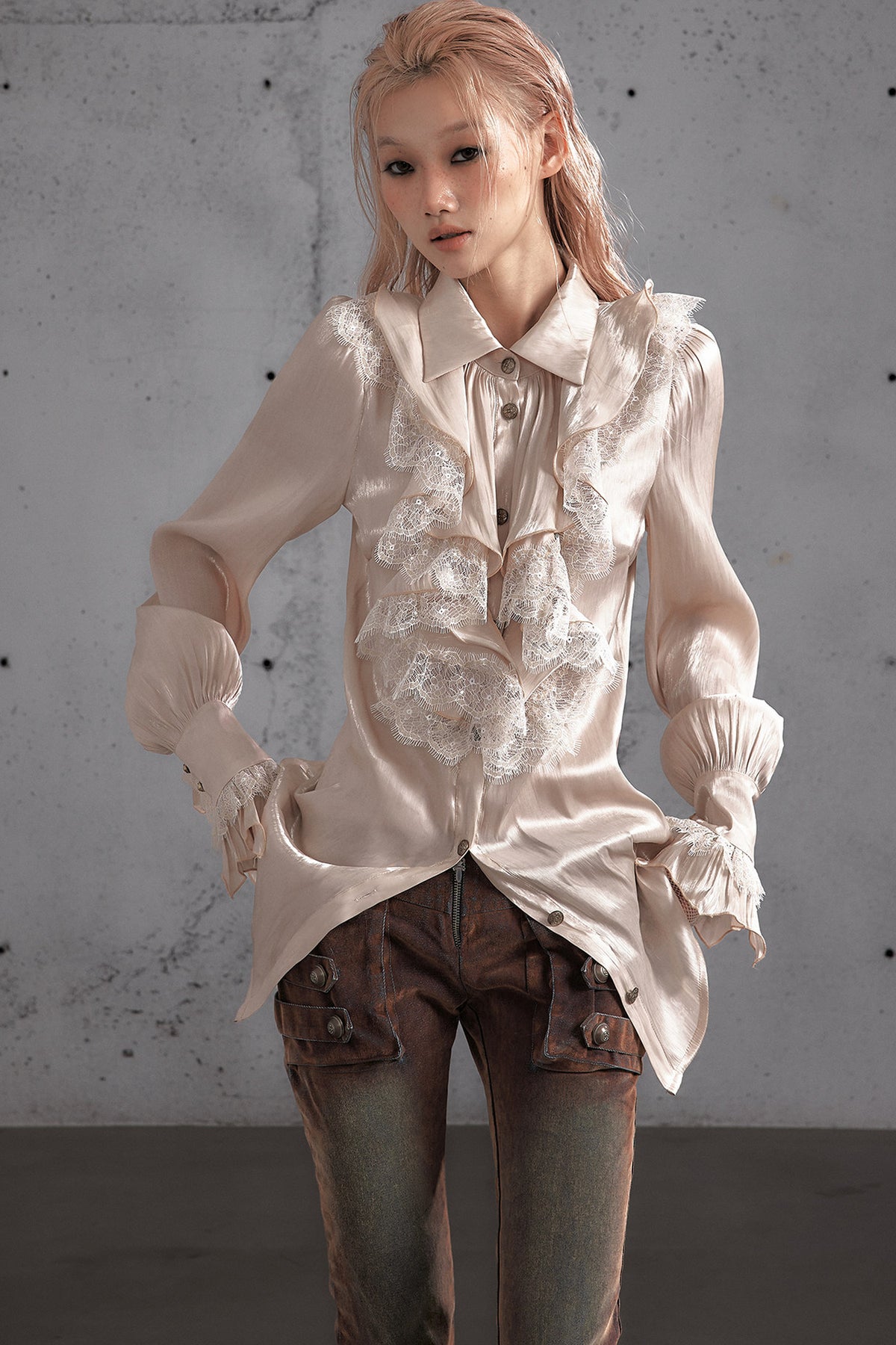 Ruffled Lace Patchwork Satin Blouse