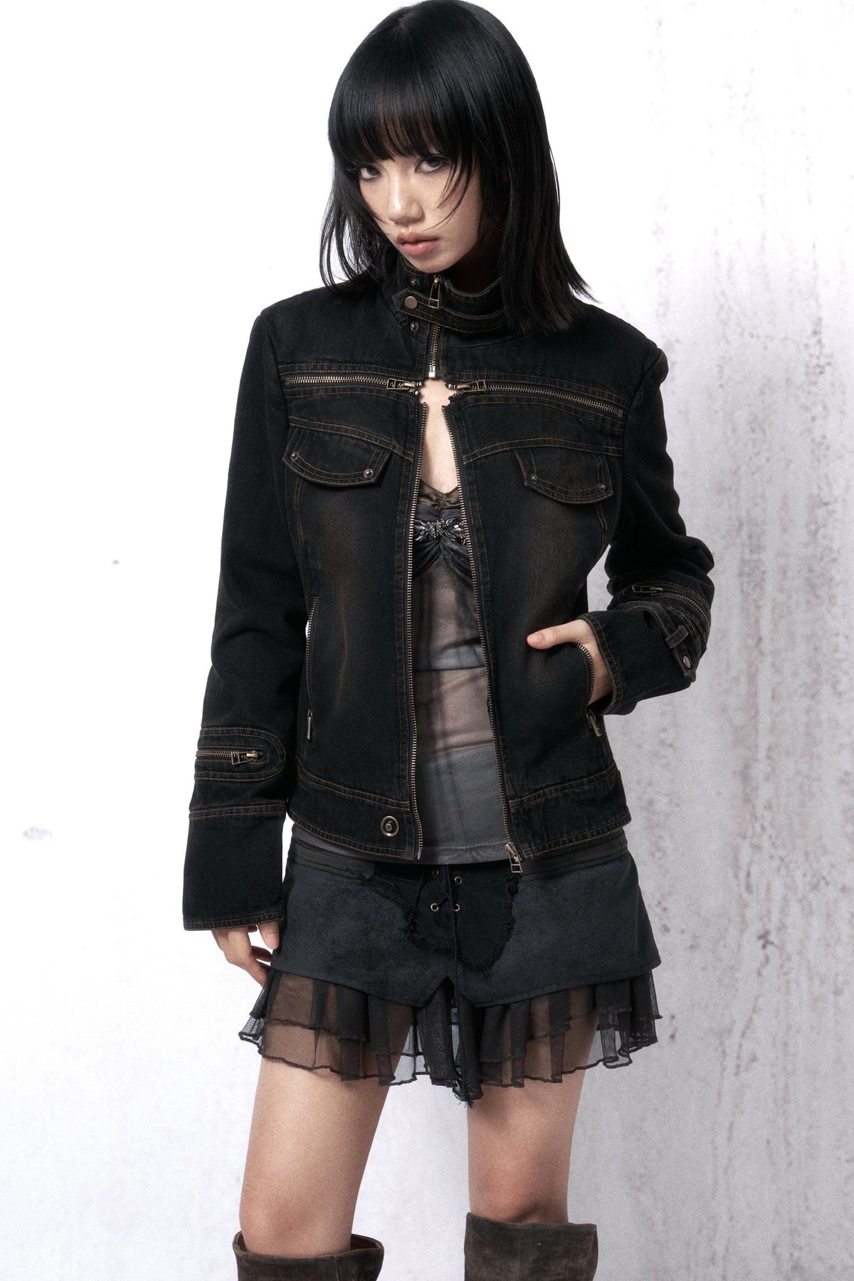 Washed Distressed Cross-Zipper Quilted Denim Jacket