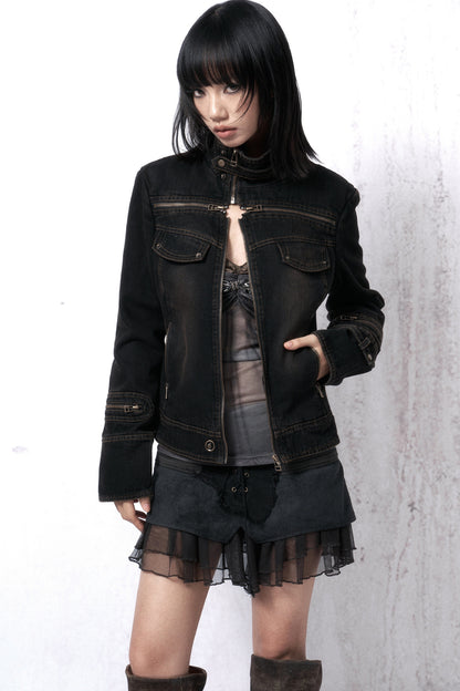 Washed Distressed Cross-Zipper Quilted Denim Jacket