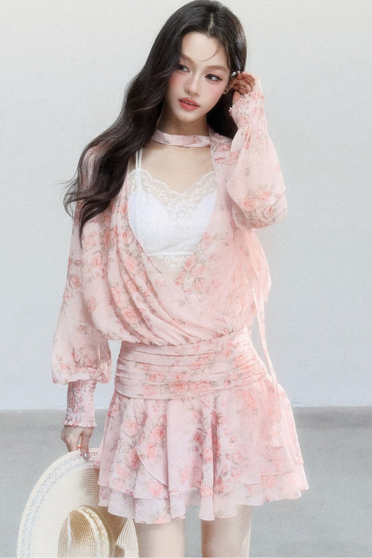 Pink Mist Chiffon Floral Dress Set-Up