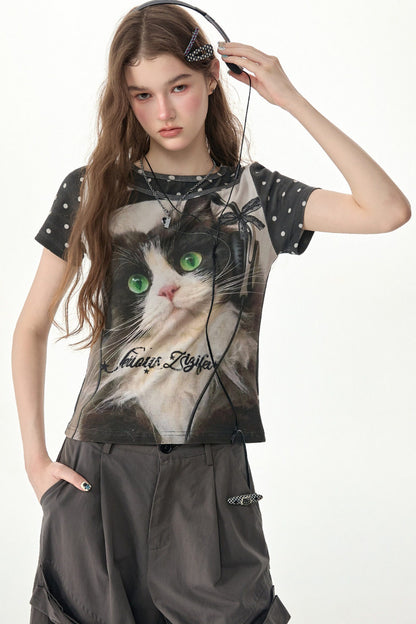Gepunktetes Katzen-Kopfhörer-T-Shirt