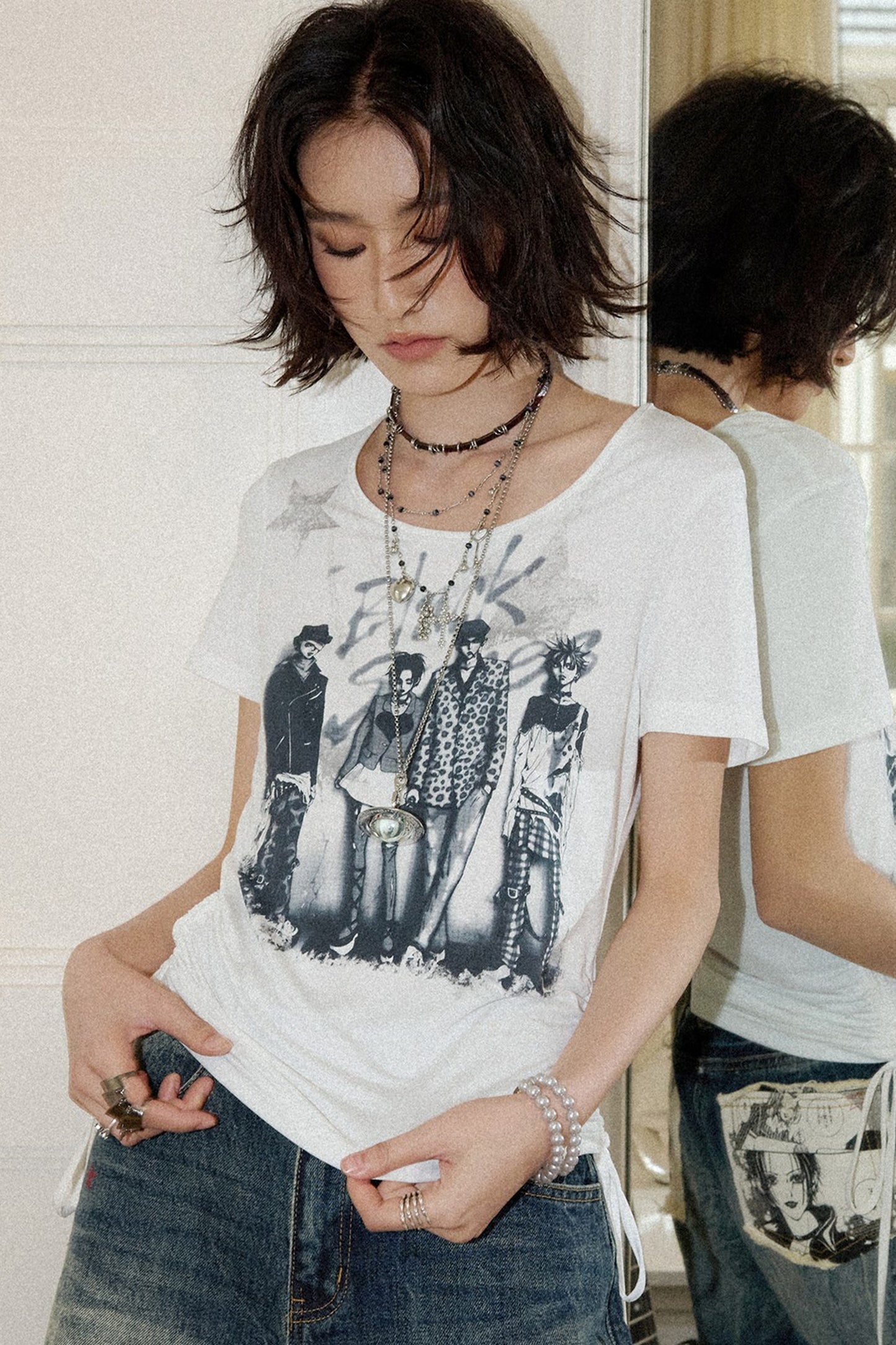 Portrait Print Drawstring Top